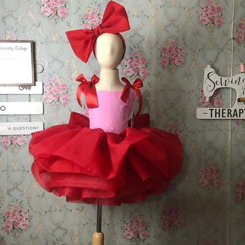 Pink and Red Girls' (Mother and daughter) Party Tutu Dress with Satin Bows